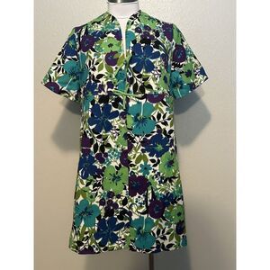 Vintage 1960's Edith Flagg MOD Floral Linen Canvas Pocket Jacket Duster Kimono‎